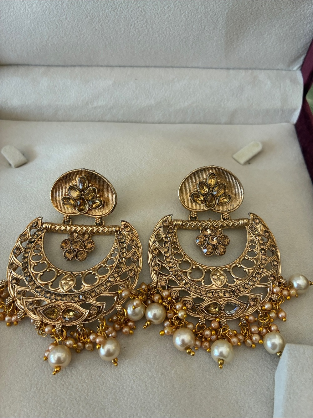 Gold-Tone Filigree Pearl Dangle Earrings